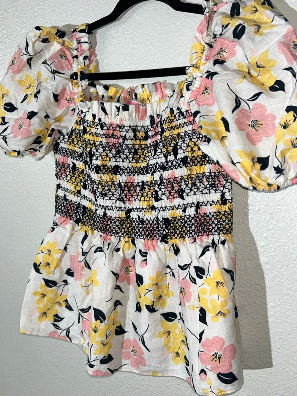 Kate Spade Lilly Blooms Puff Sleeve Peplum Top - Pink & Yellow
